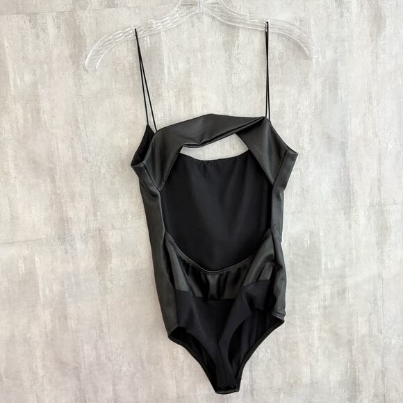 ALIX NYC Black Faux Leather Bodysuit Size M Open Back Cutout Spaghetti Straps - Picture 4 of 16